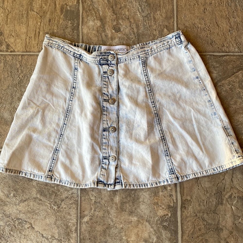 Distressed button-up jean miniskirt